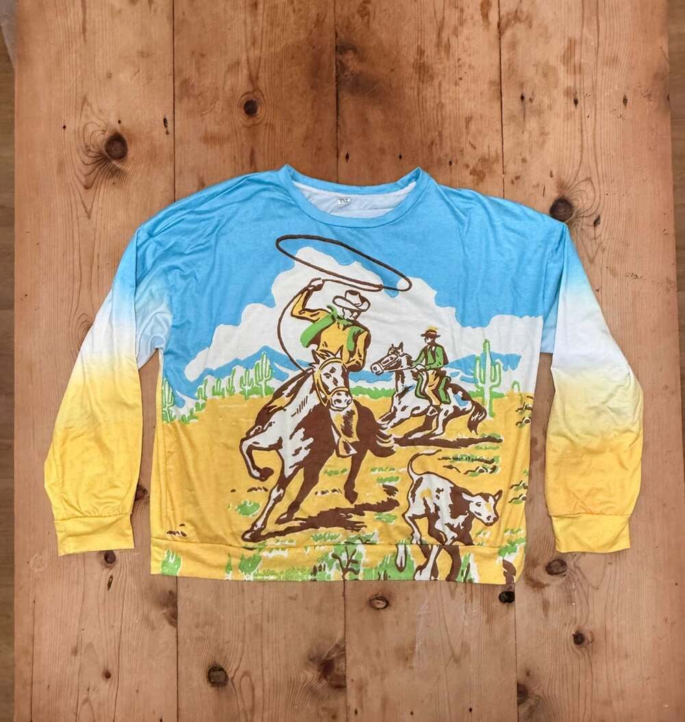 Vintage Western Cowboy Graphic Retro Multicolor Print Long Sleeve Shirt - 3XL